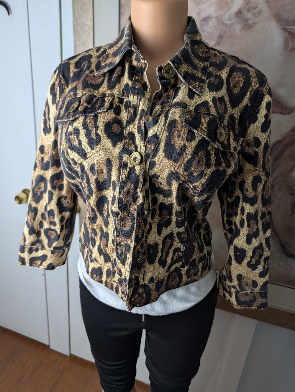 V Christina animal print stretch denim jacket Size S
